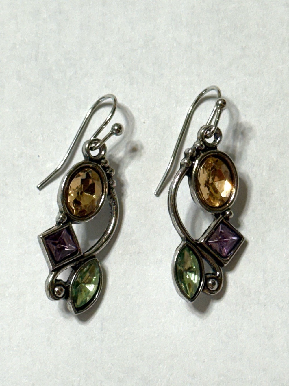 Silver Tone Multi-Color Faux Gemstone Drop Earrings Green, Purple, Amber New